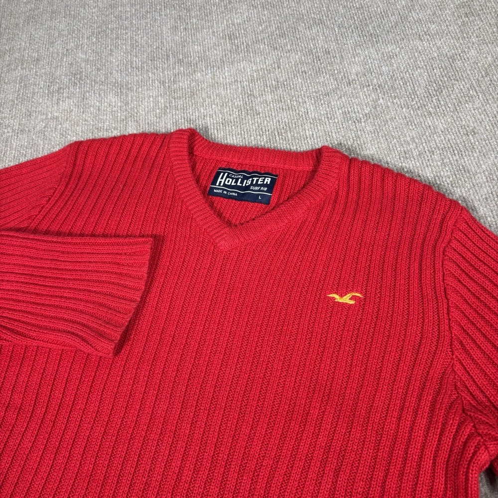 Vintage Hollister Sweater Mens L Pullover Red Knit Surfer Rib V Neck Y2K